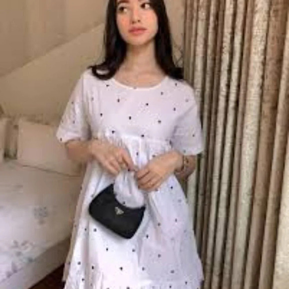 Zara Polka Dot Poplin Embroidered Tie Back  Babydoll Dress White Black Sz Small - Picture 3 of 10